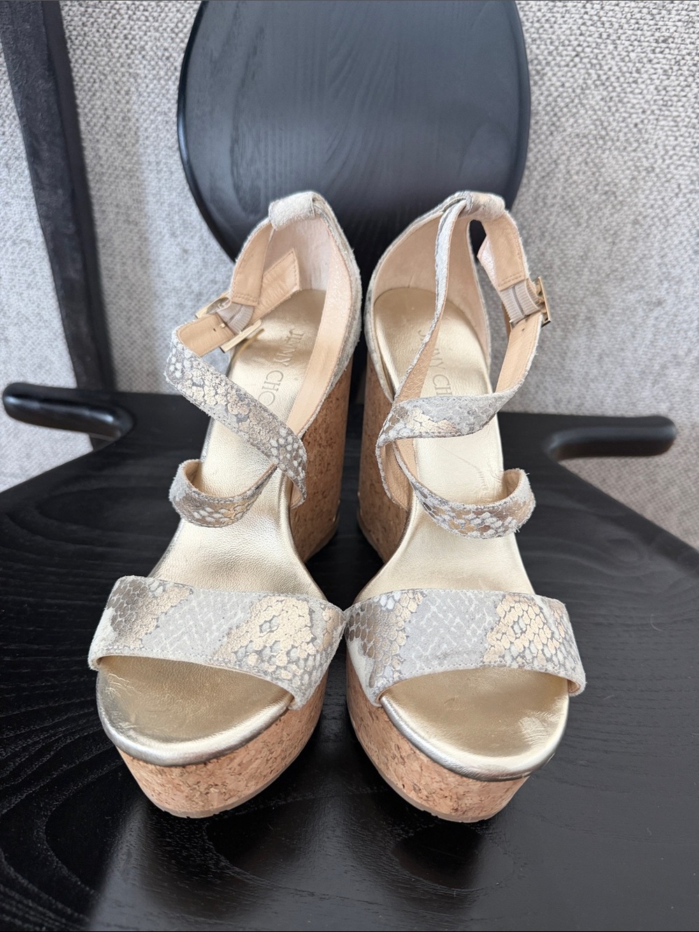 Jimmy Choo Snake-Print Cork Wedge Sandals size 38